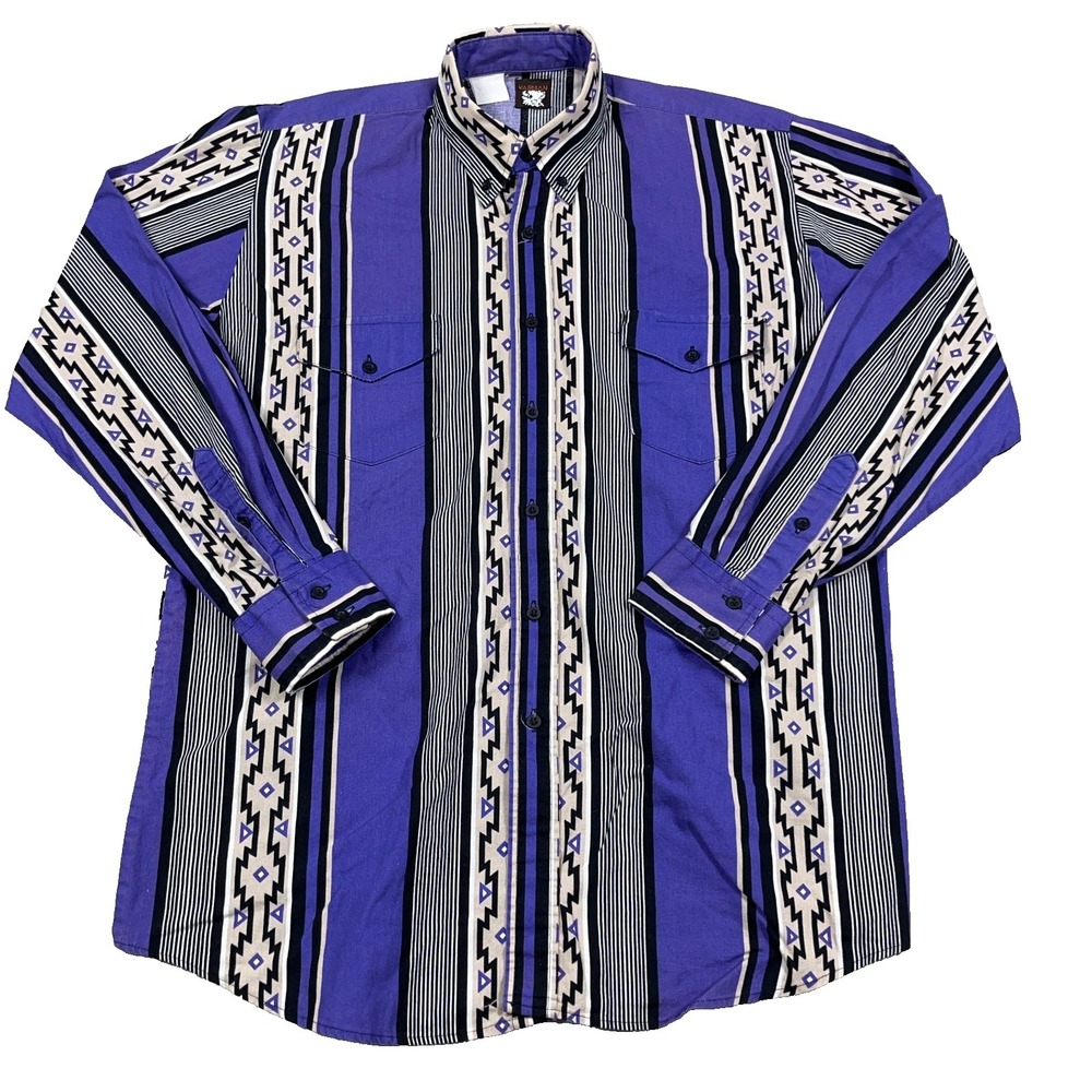 Vintage Karman Western Shirt Men Large Purple Aztec 90s Sawtooth Brushpopper